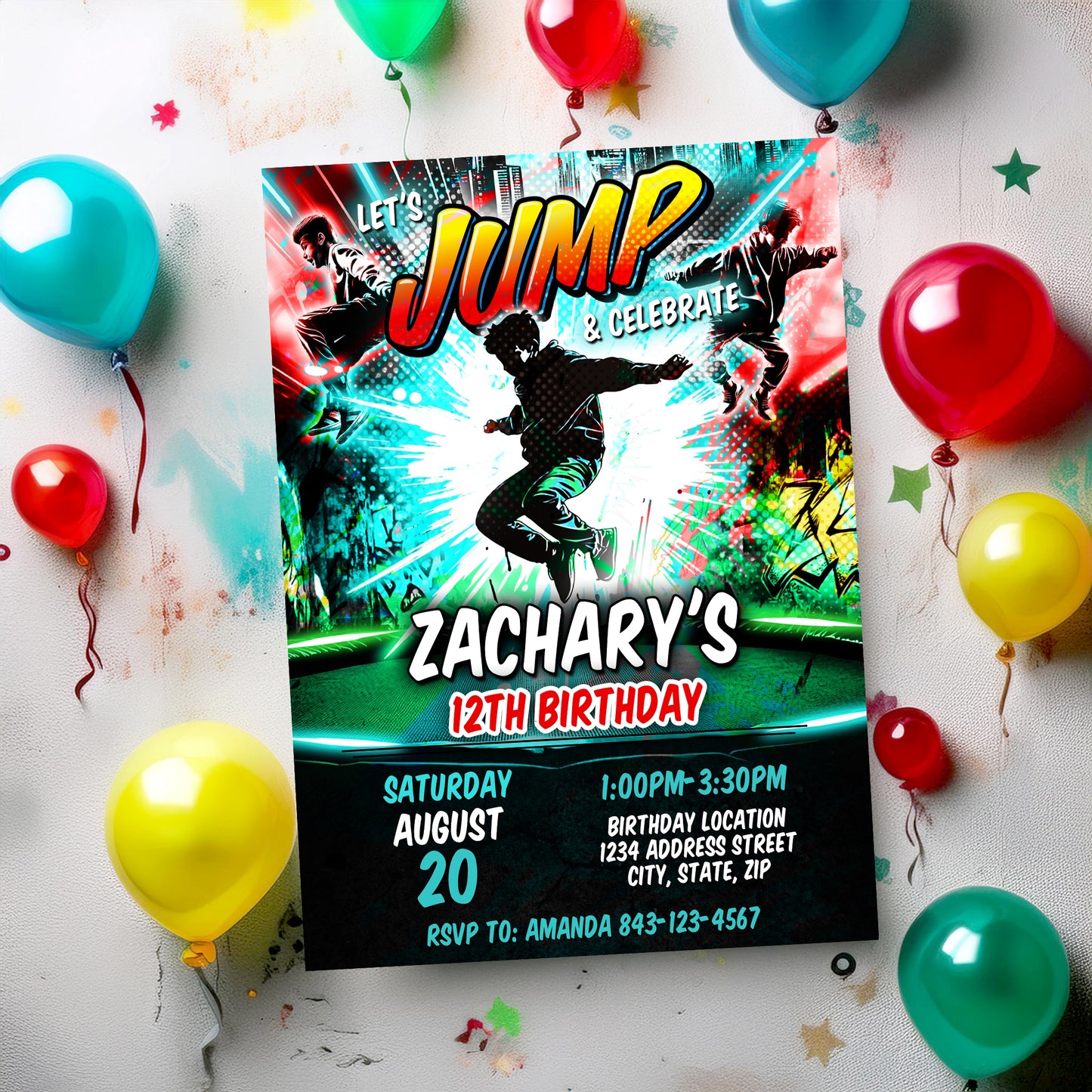 Trampoline Park Party Birthday Invitation