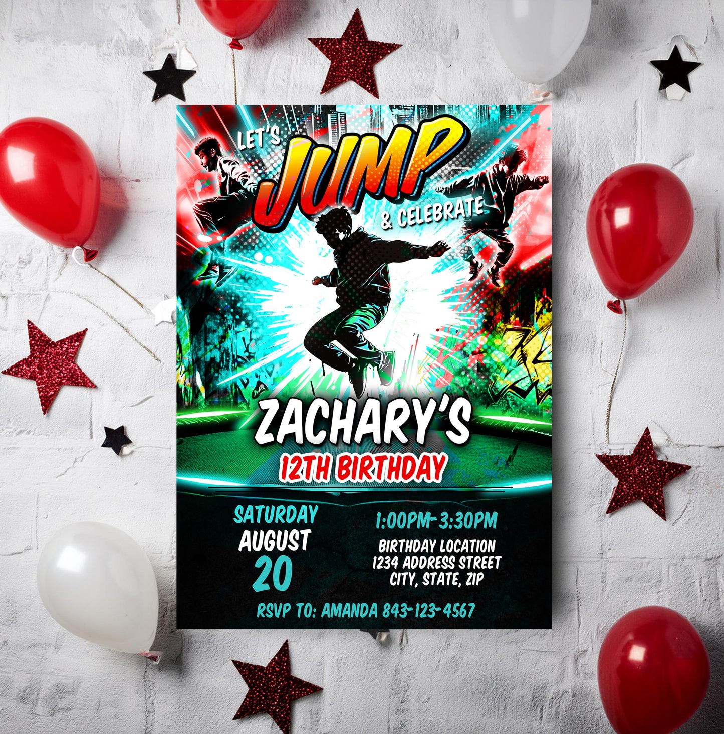 Trampoline Park Party Birthday Invitation