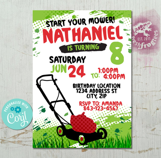 Lawnmower Birthday Invitation Template - Preview of the Front Design