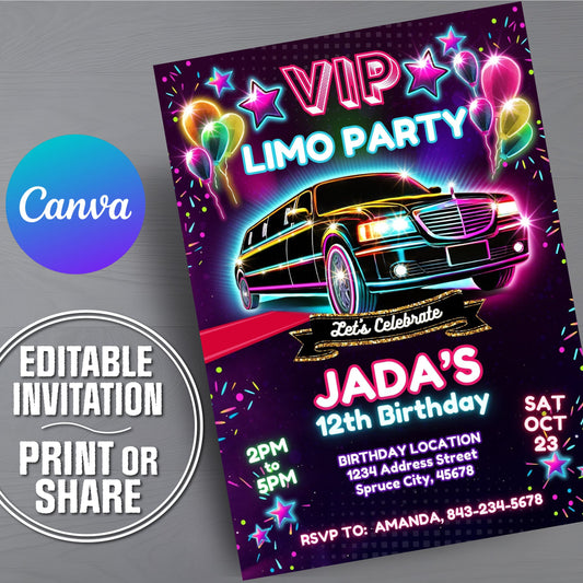 A digital preview of a customizable 'VIP Limo Party' birthday invitation template, shown at an angle on a gray textured background. The invitation features a black limousine with neon pink and blue glowing lights, colorful balloons, and a dark purple confetti background.
