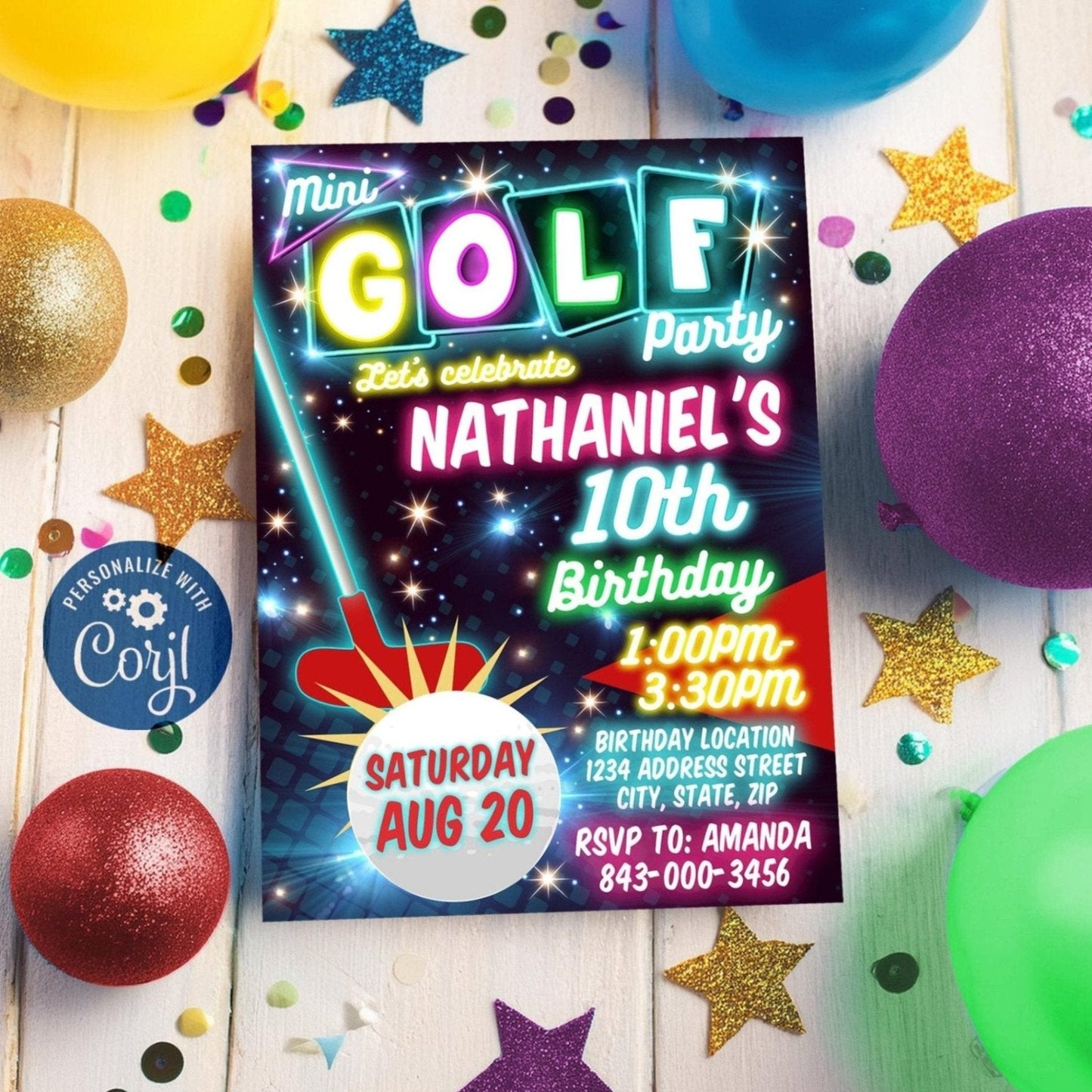 Mini Golf Birthday Invitation - Neon Glow Theme