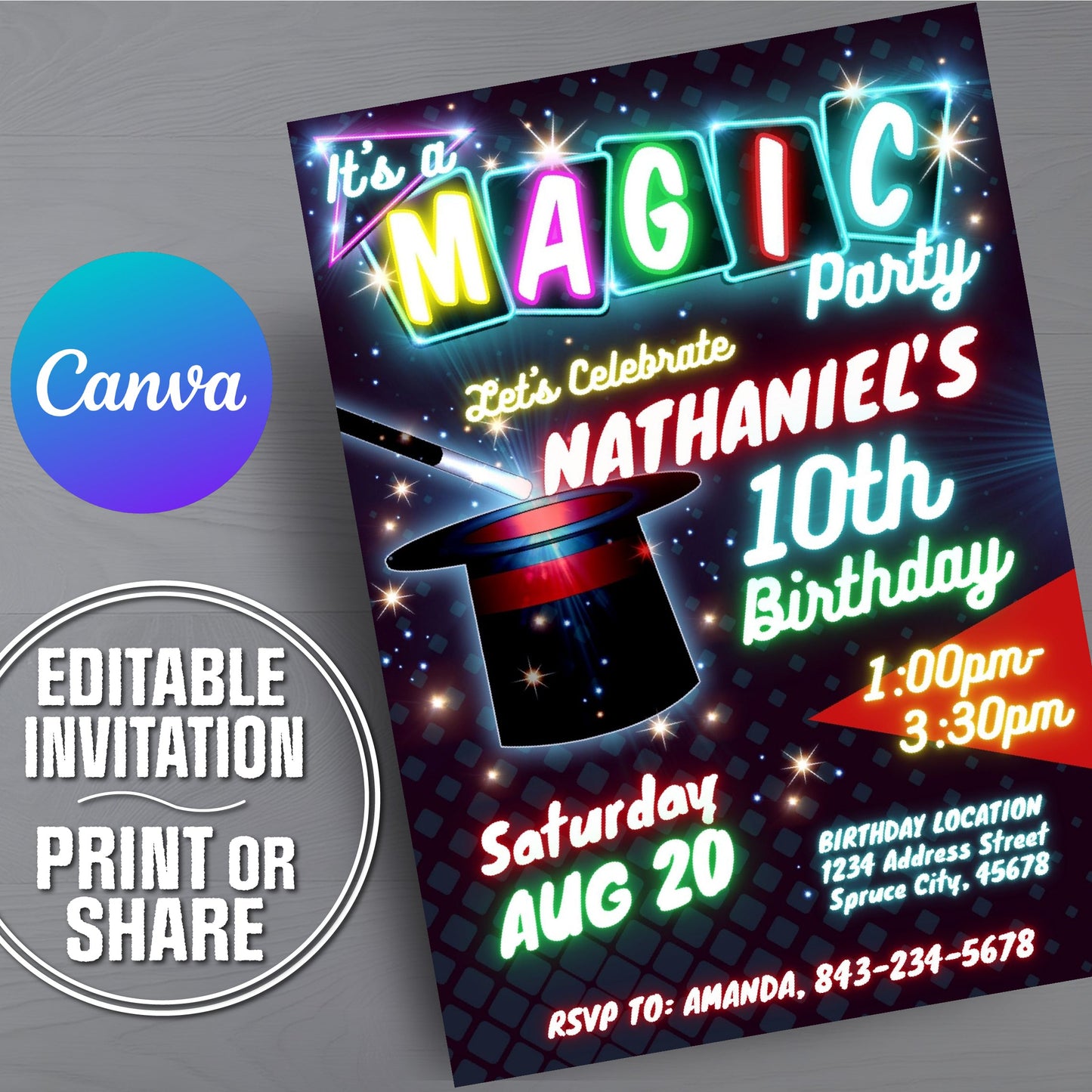 A colorful editable birthday invitation template shown at an angle on a gray textured background, with a blue-to-purple Canva logo circle and a round badge reading 'EDITABLE INVITATION PRINT OR SHARE'. The invitation features neon-style text reading 'It's a MAGIC Party' and 'Let's Celebrate Nathaniel's 10th Birthday' with a magician hat illustration.