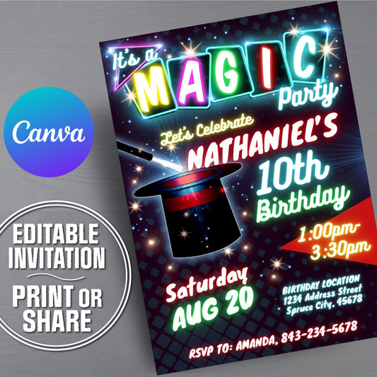 A colorful editable birthday invitation template shown at an angle on a gray textured background, with a blue-to-purple Canva logo circle and a round badge reading 'EDITABLE INVITATION PRINT OR SHARE'. The invitation features neon-style text reading 'It's a MAGIC Party' and 'Let's Celebrate Nathaniel's 10th Birthday' with a magician hat illustration.