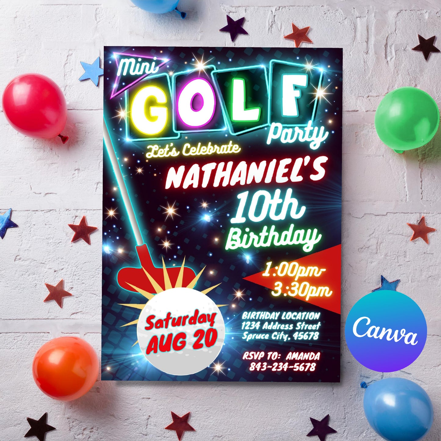 Mini Golf Birthday Invitation - Neon Glow Theme