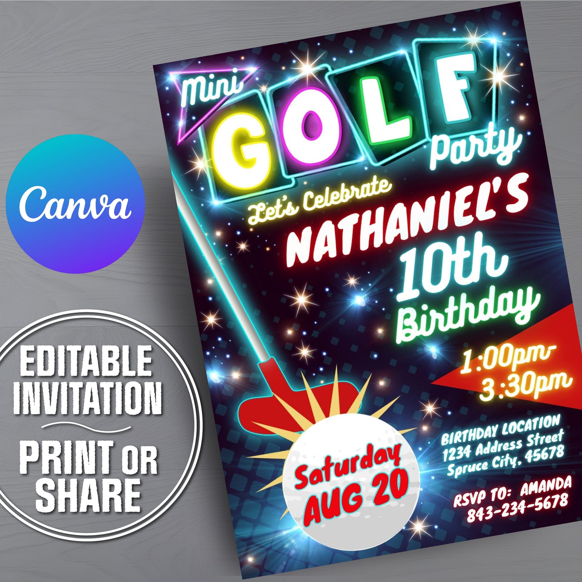 Glow mini golf birthday invitation for boys or girls.