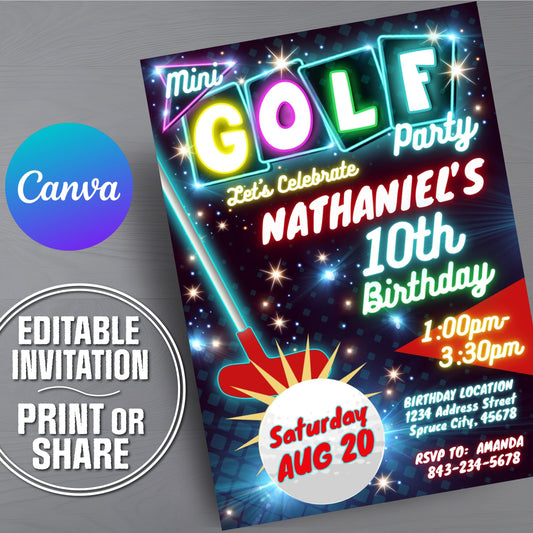 Glow mini golf birthday invitation for boys or girls.