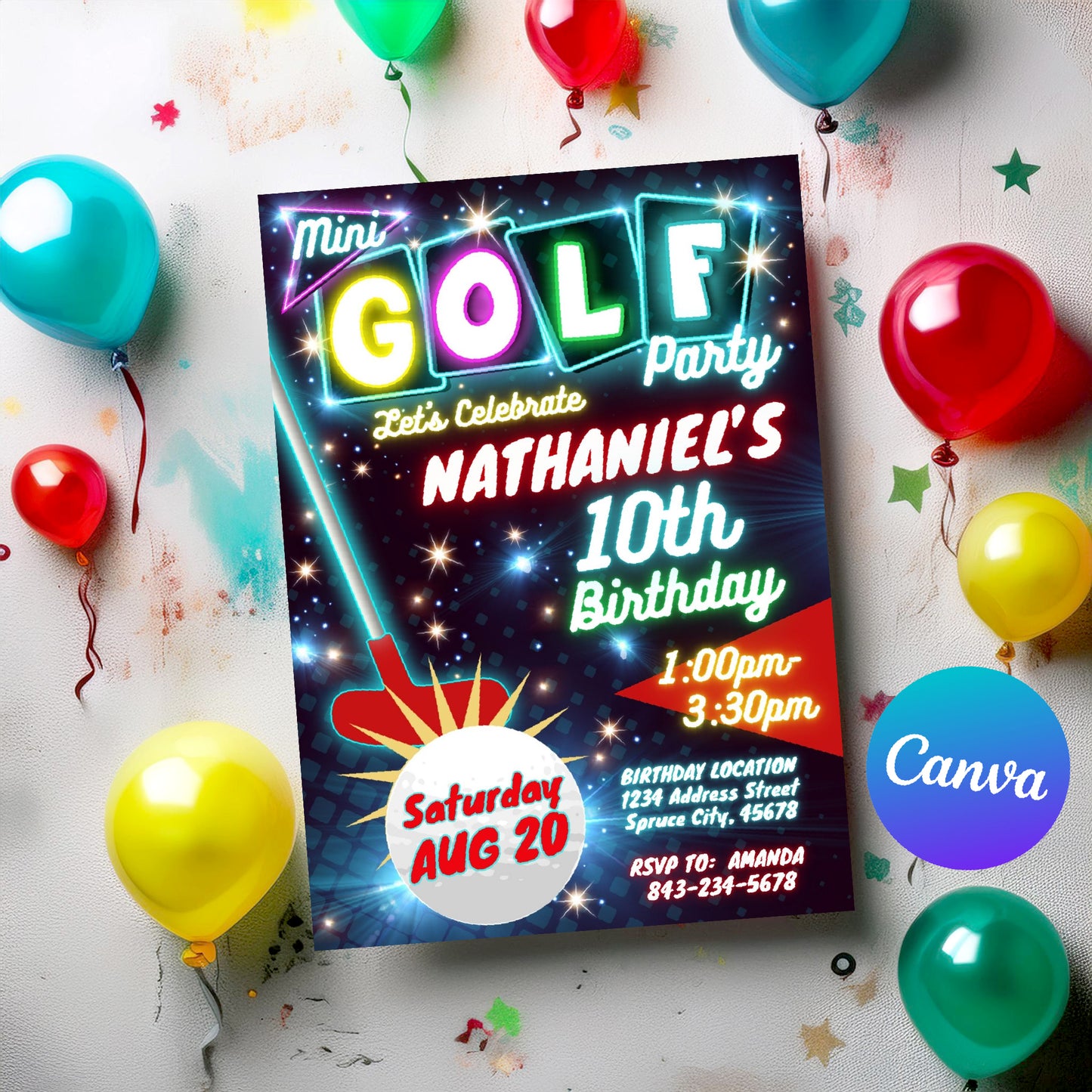 Mini Golf Birthday Invitation - Neon Glow Theme