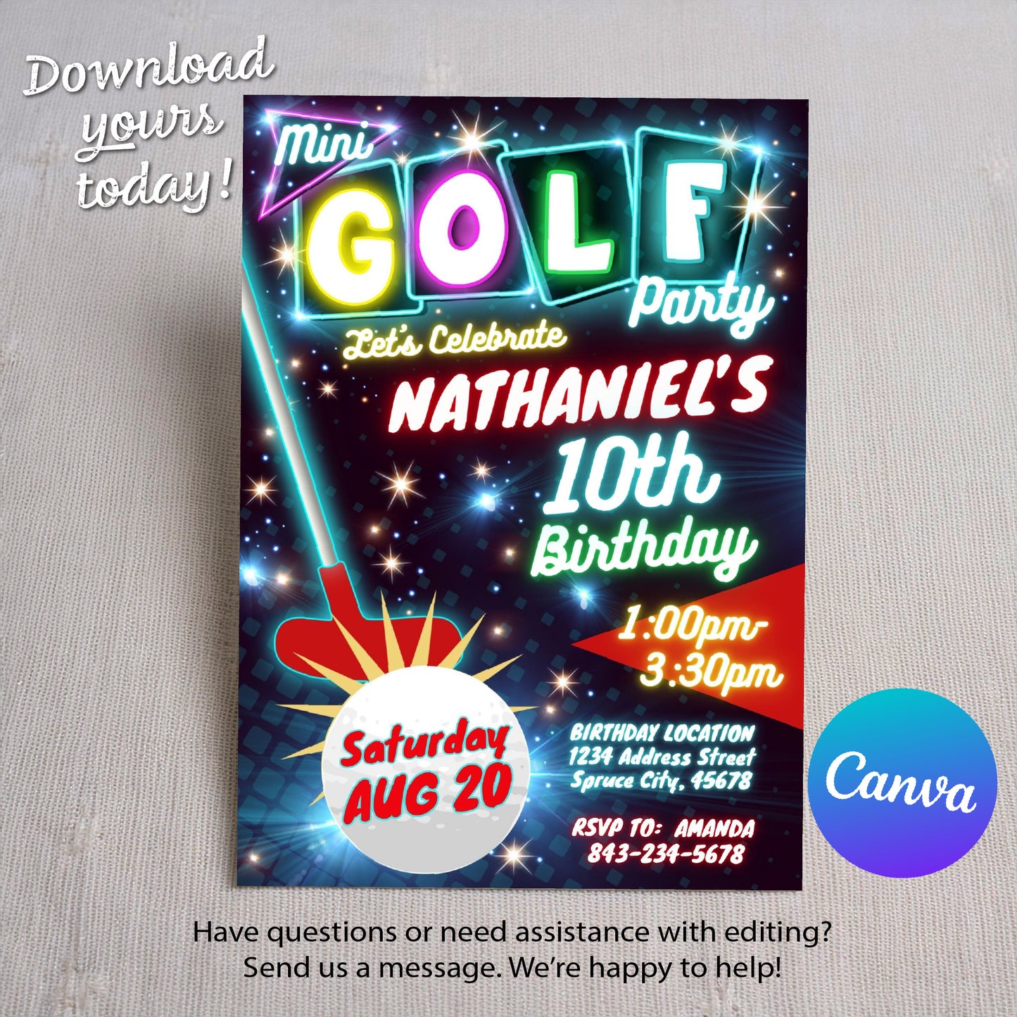 Mini Golf Birthday Invitation - Neon Glow Theme