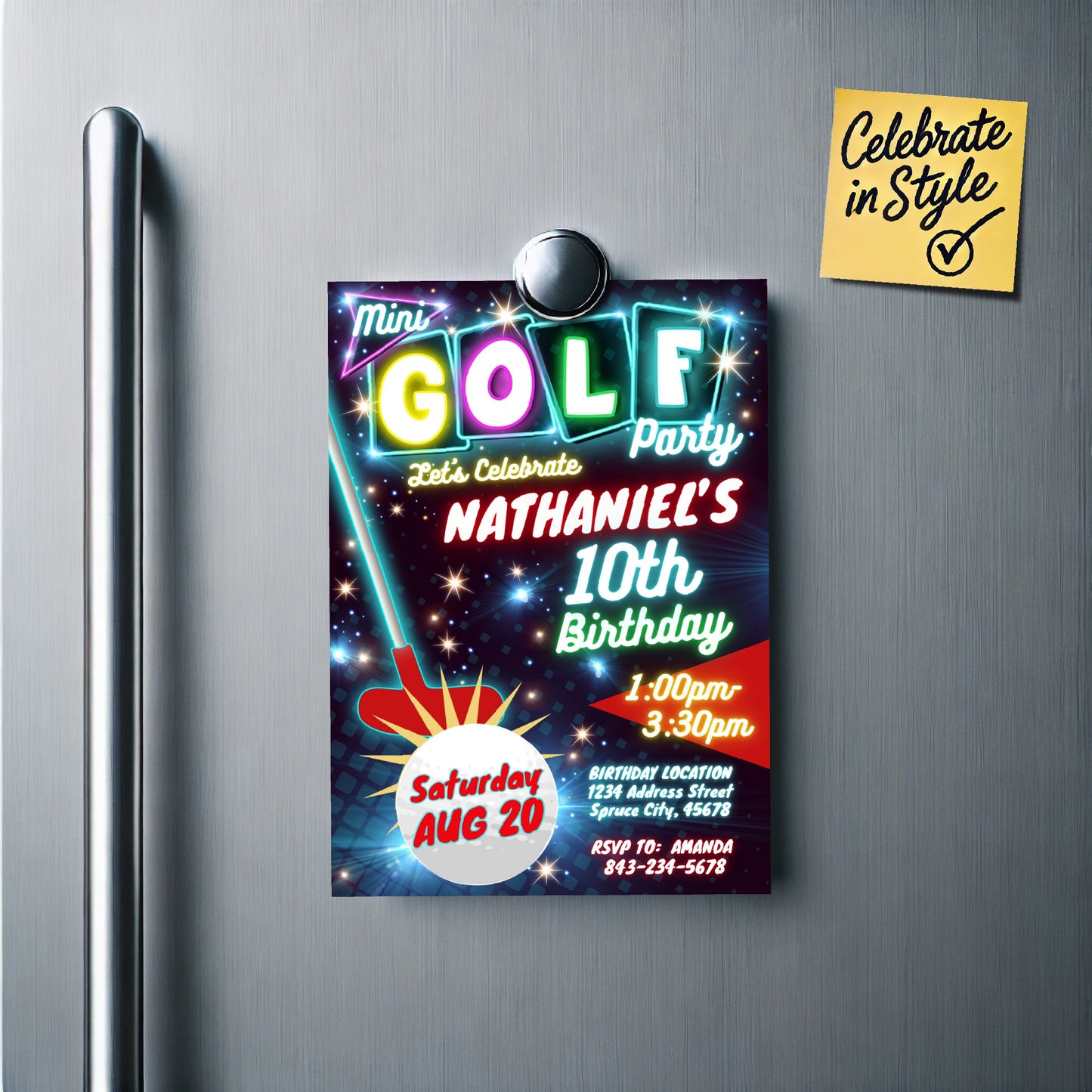 Mini Golf Birthday Invitation - Neon Glow Theme