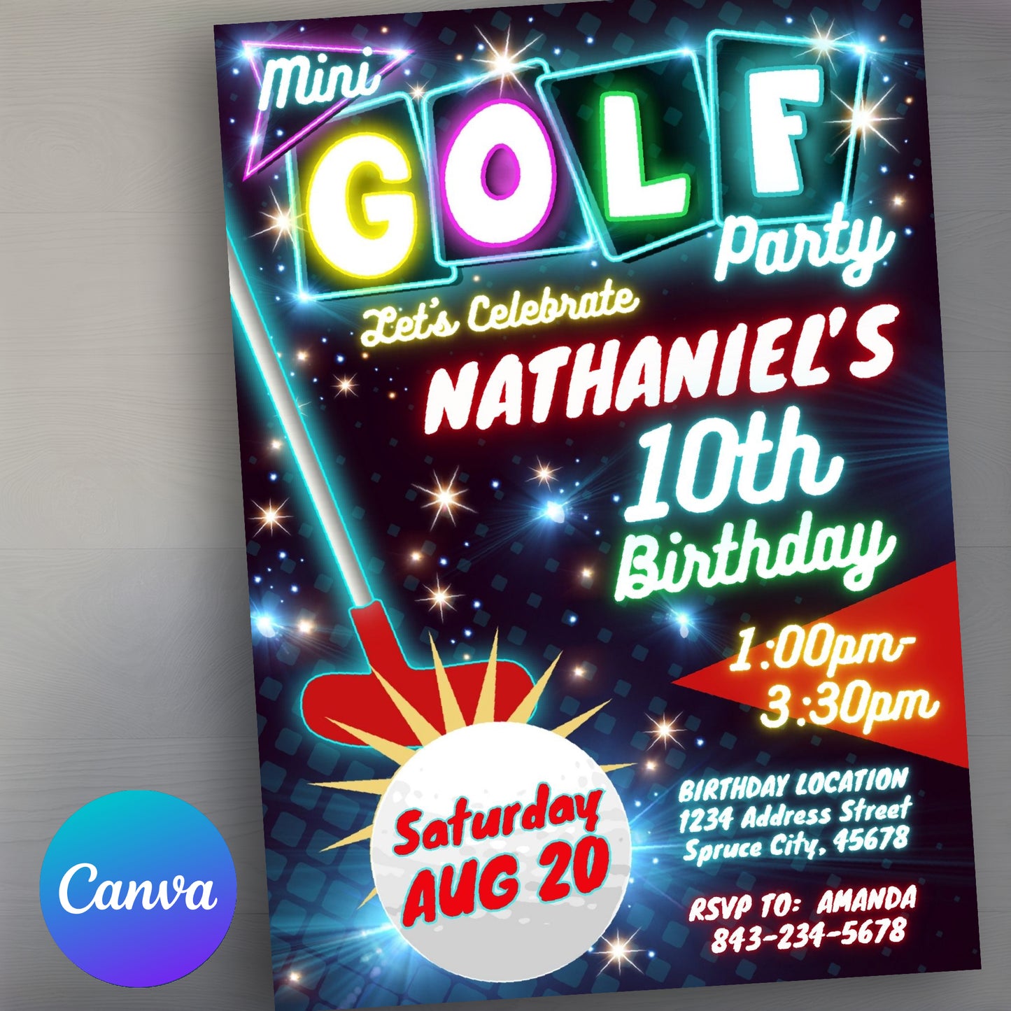 Mini Golf Birthday Invitation - Neon Glow Theme