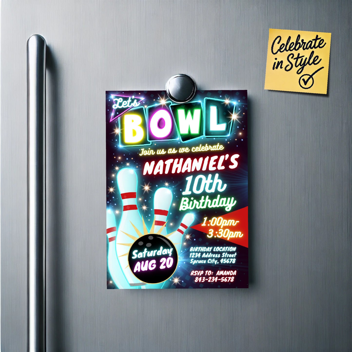 Bowling Birthday Invitation | Neon Glow theme