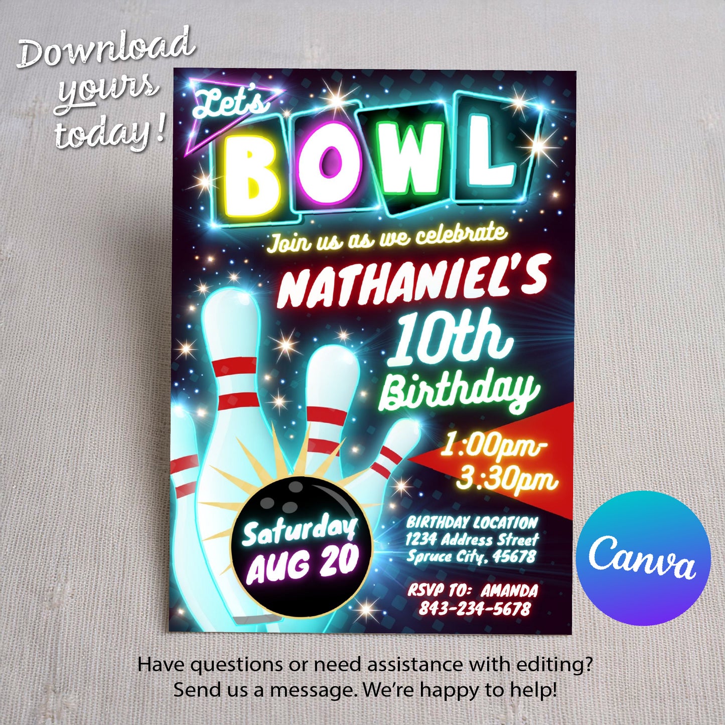 Bowling Birthday Invitation | Neon Glow theme