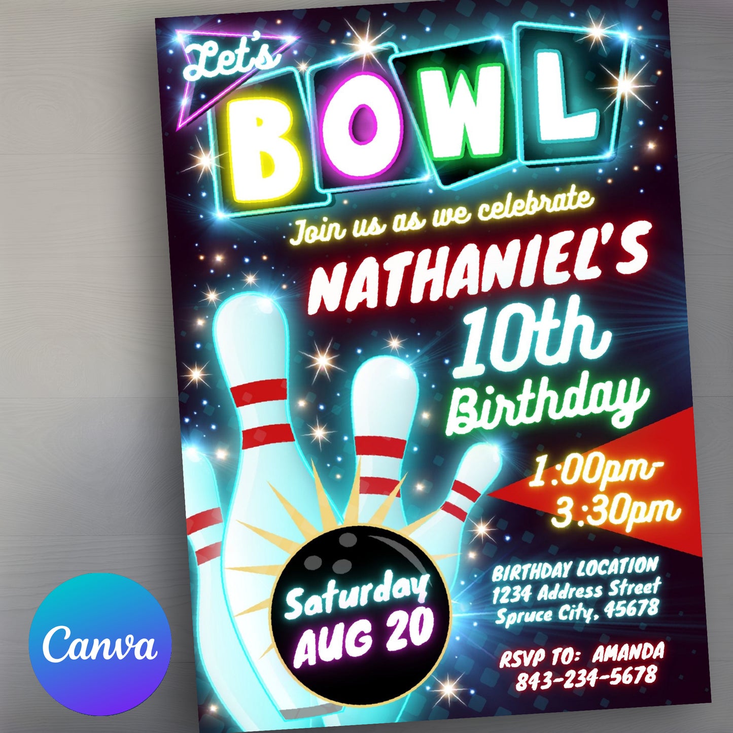 Bowling Birthday Invitation | Neon Glow theme