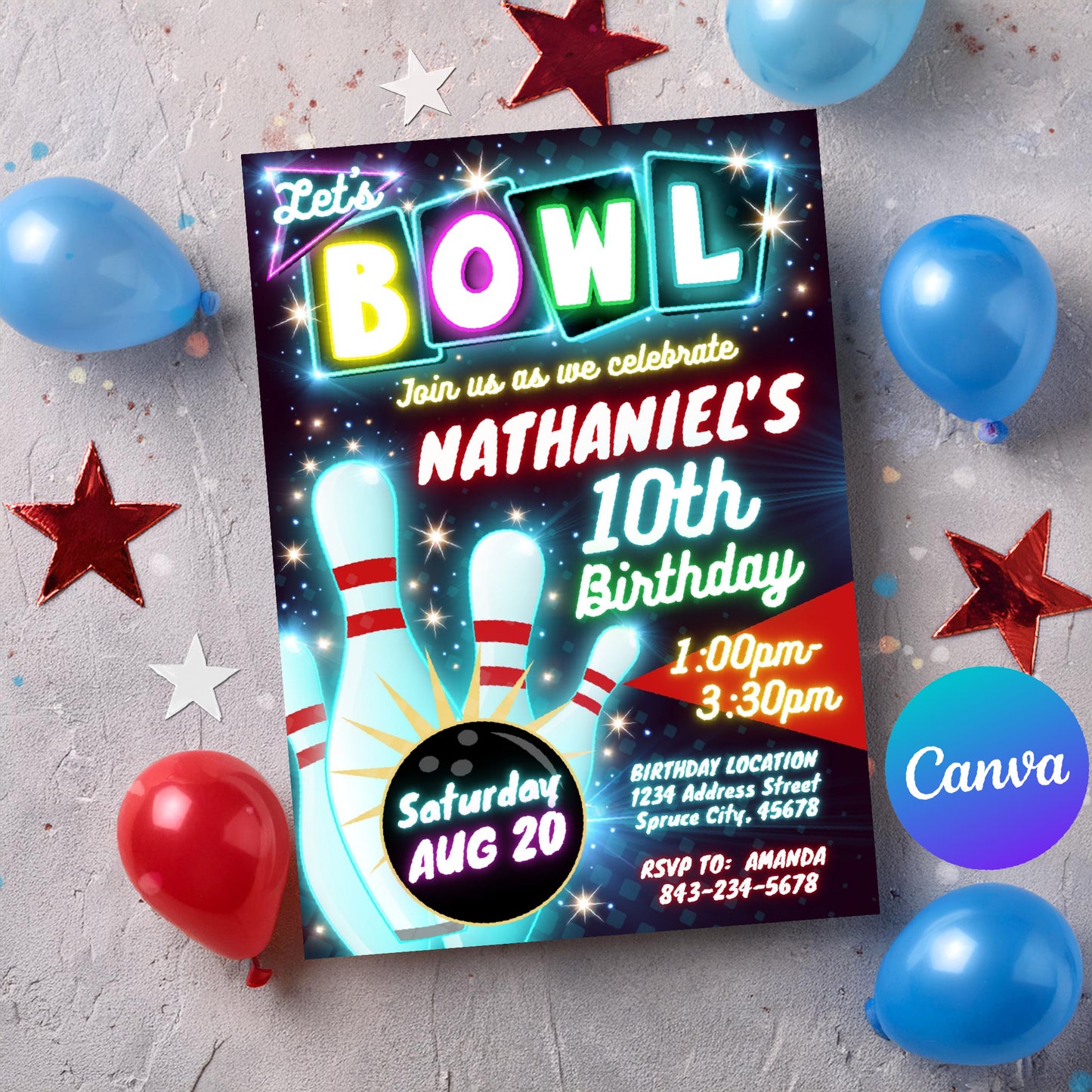 Bowling Birthday Invitation | Neon Glow theme
