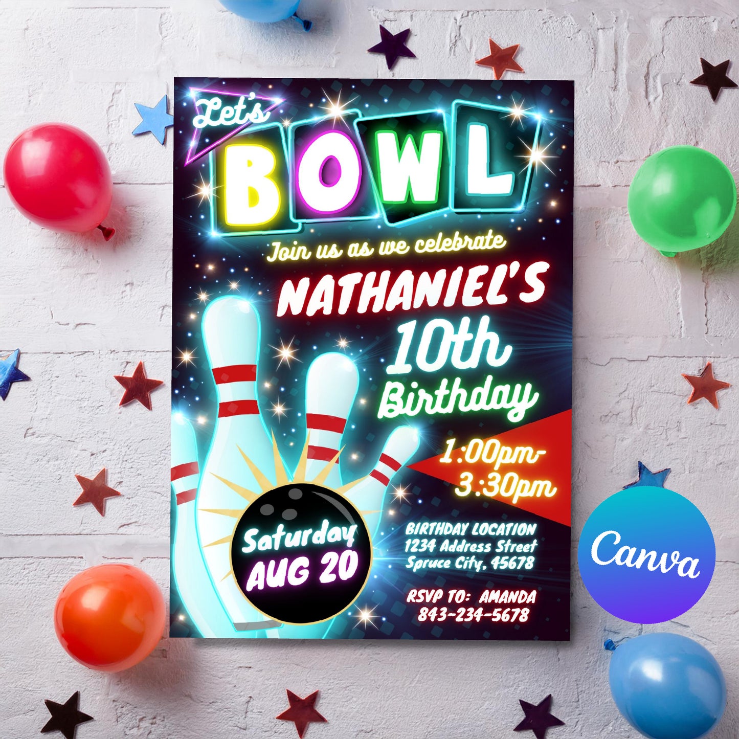 Bowling Birthday Invitation | Neon Glow theme