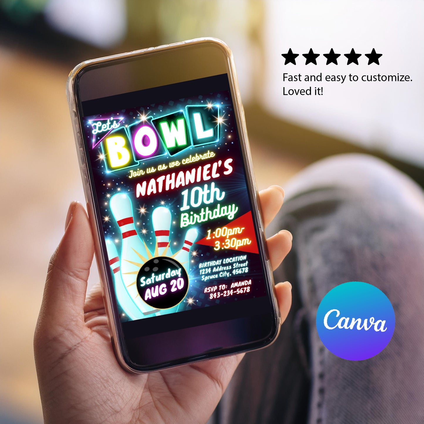 Bowling Birthday Invitation | Neon Glow theme