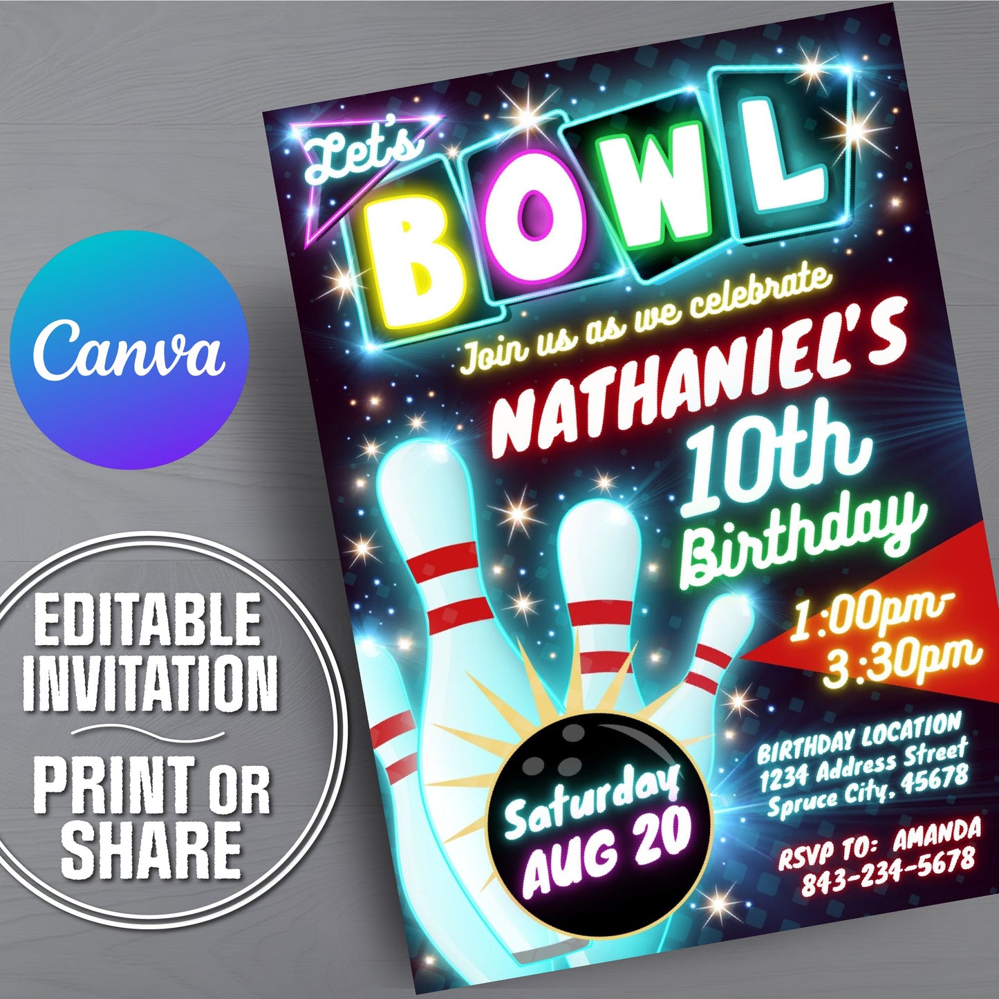 A bowling-themed birthday invitation card shown at an angle on a gray textured background, with a blue-purple Canva logo and a circular badge reading 'Editable Invitation Print or Share.' The invitation features colorful neon-style 'BOWL' lettering, bowling pins, a bowling ball, and event details for Nathaniel's 10th birthday.