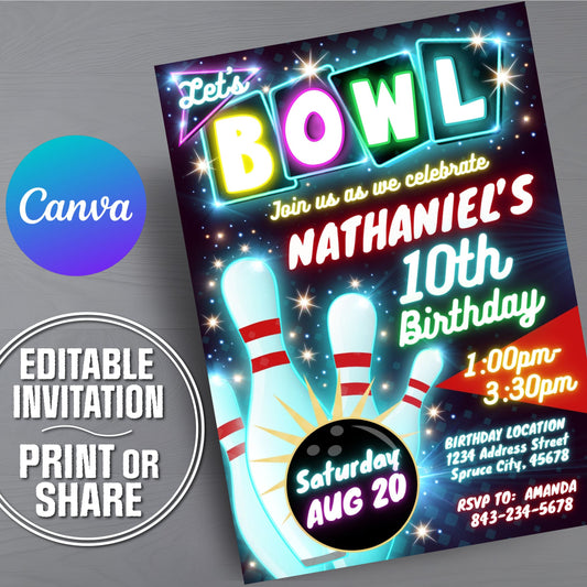 A bowling-themed birthday invitation card shown at an angle on a gray textured background, with a blue-purple Canva logo and a circular badge reading 'Editable Invitation Print or Share.' The invitation features colorful neon-style 'BOWL' lettering, bowling pins, a bowling ball, and event details for Nathaniel's 10th birthday.