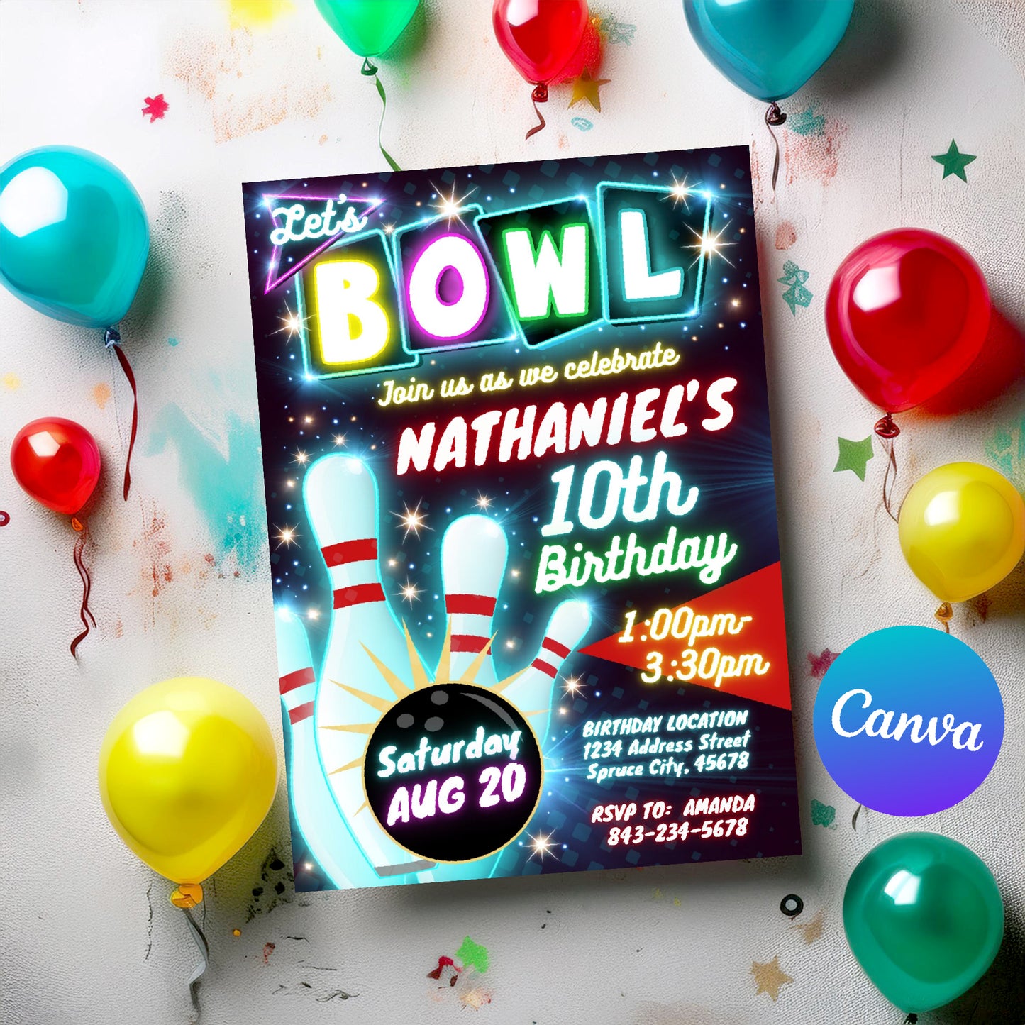 Bowling Birthday Invitation | Neon Glow theme