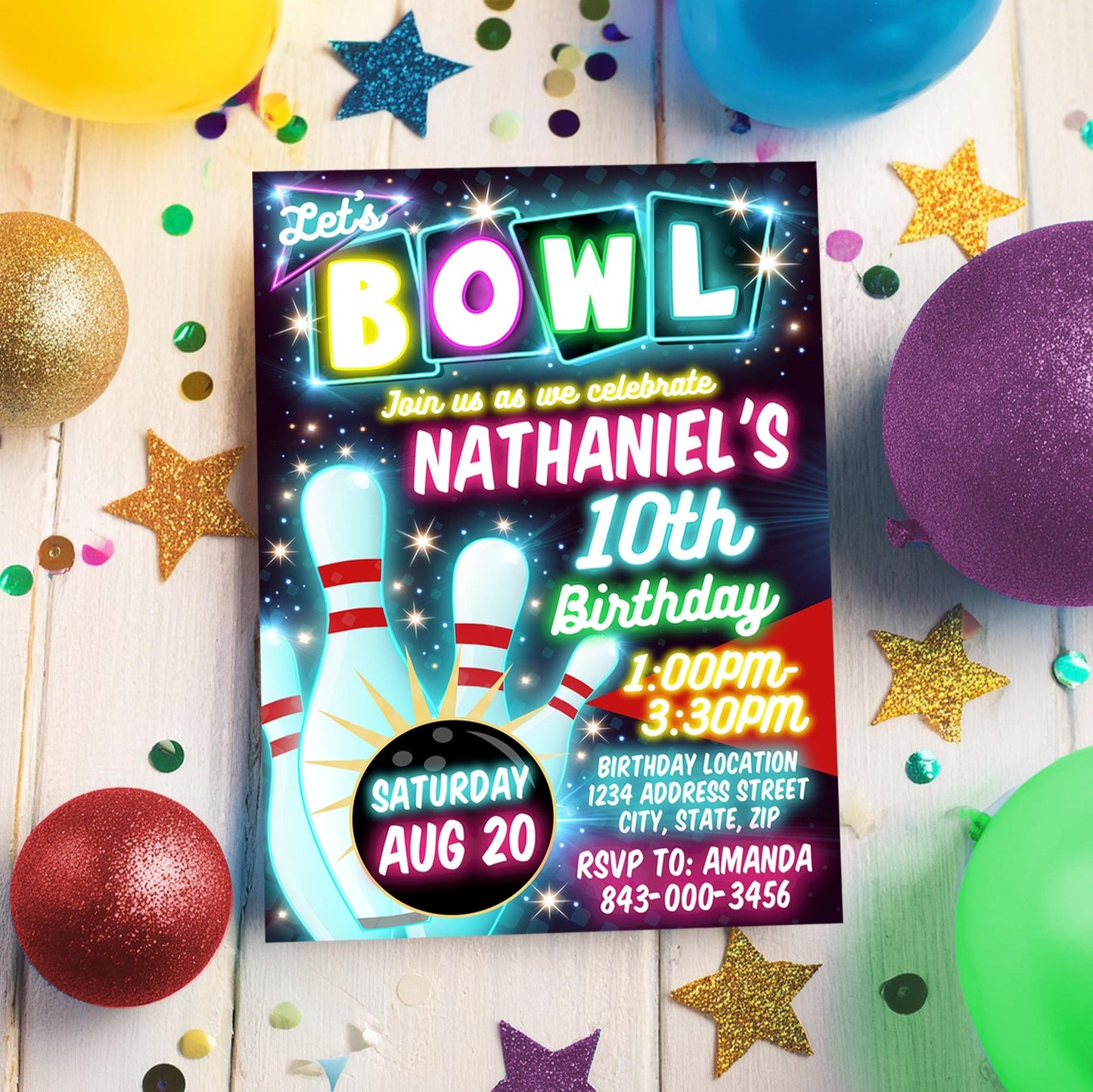 Bowling Birthday Invitation | Neon Glow theme