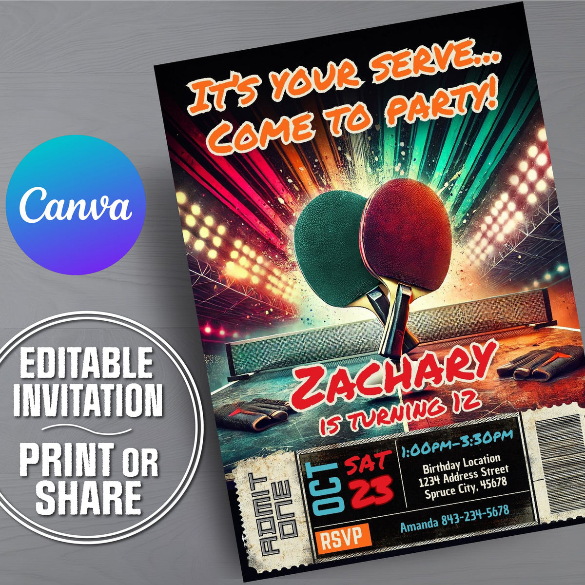 A digital preview of a customizable birthday invitation template featuring a retro ping pong theme, shown on a gray textured background.
