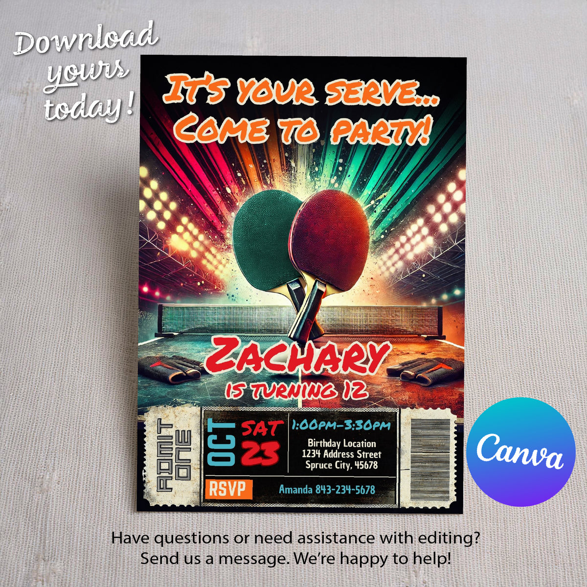 Ping Pong Birthday Invitation