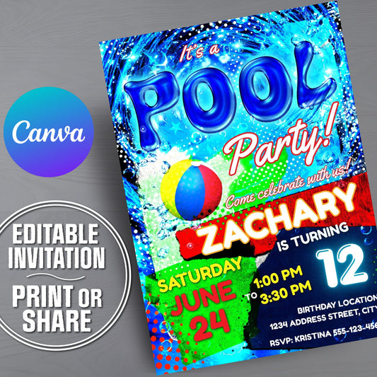 Pool party invitation with colorful design and Canva branding