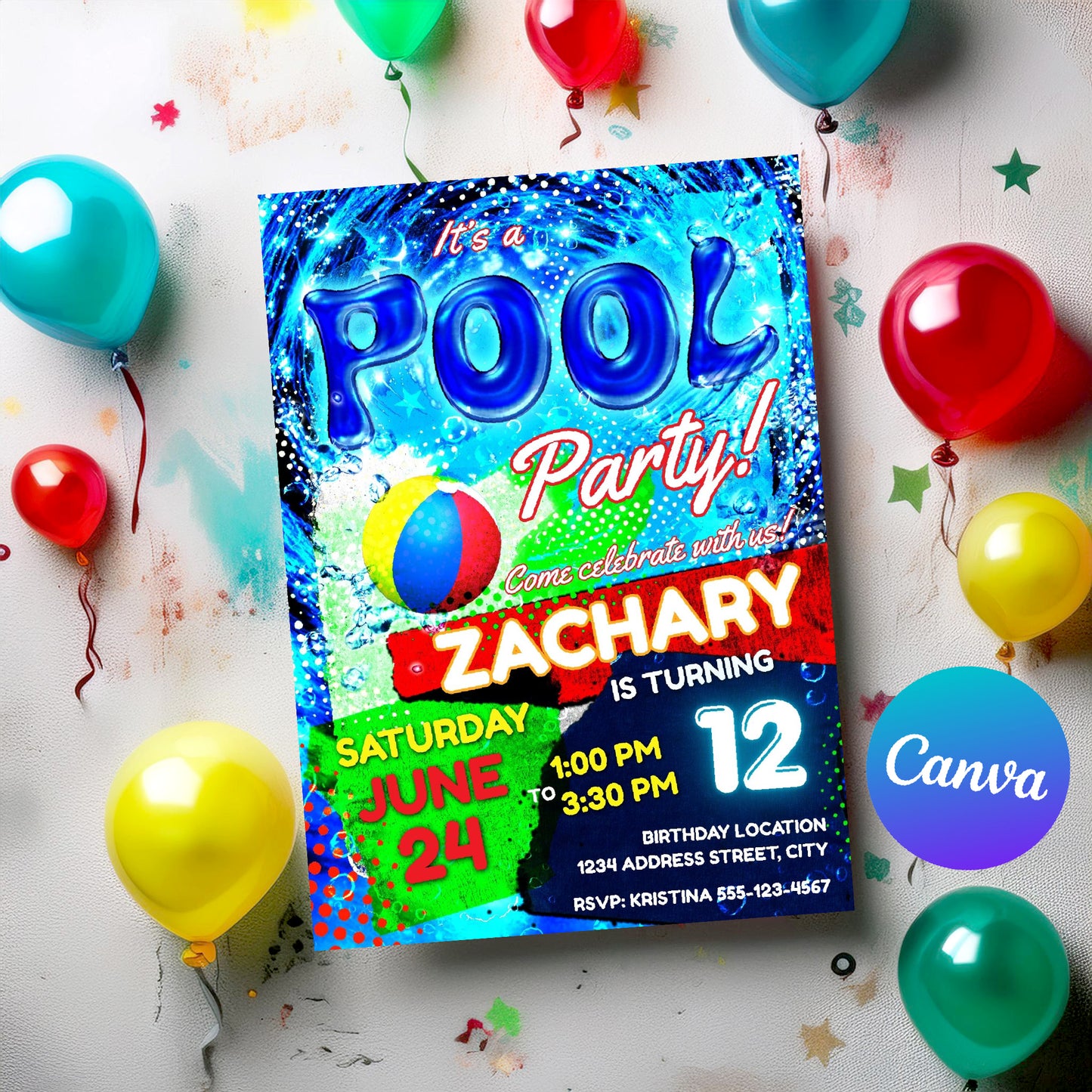 Pool party birthday invite - EASY EDIT!