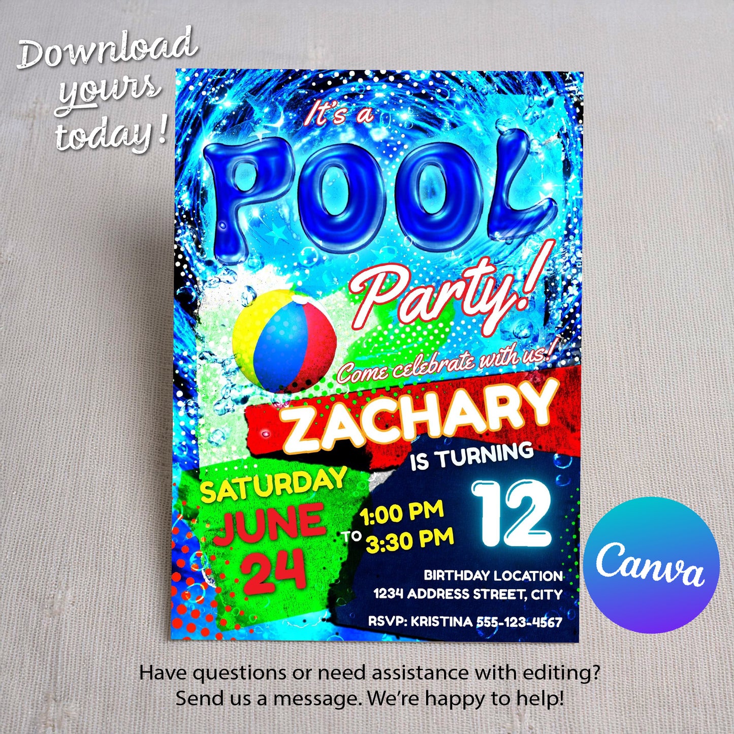 Pool party birthday invite - EASY EDIT!