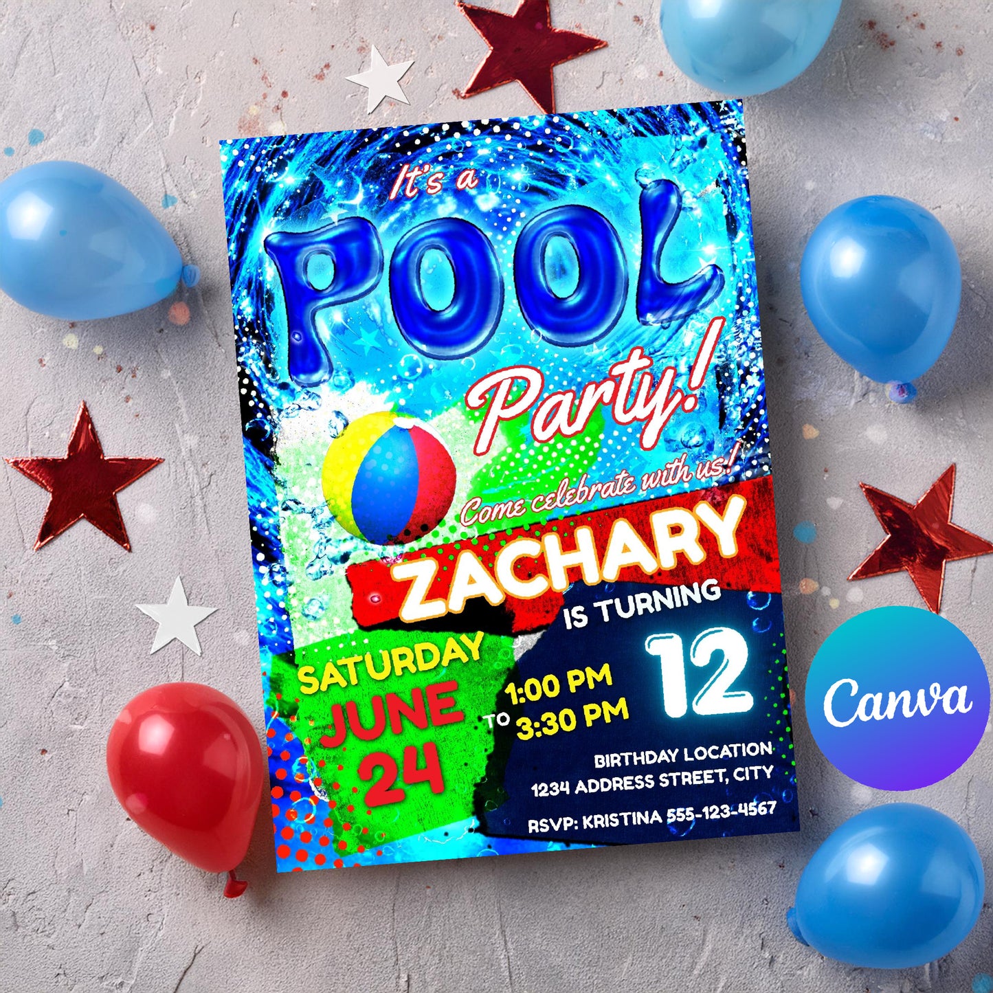 Pool party birthday invite - EASY EDIT!