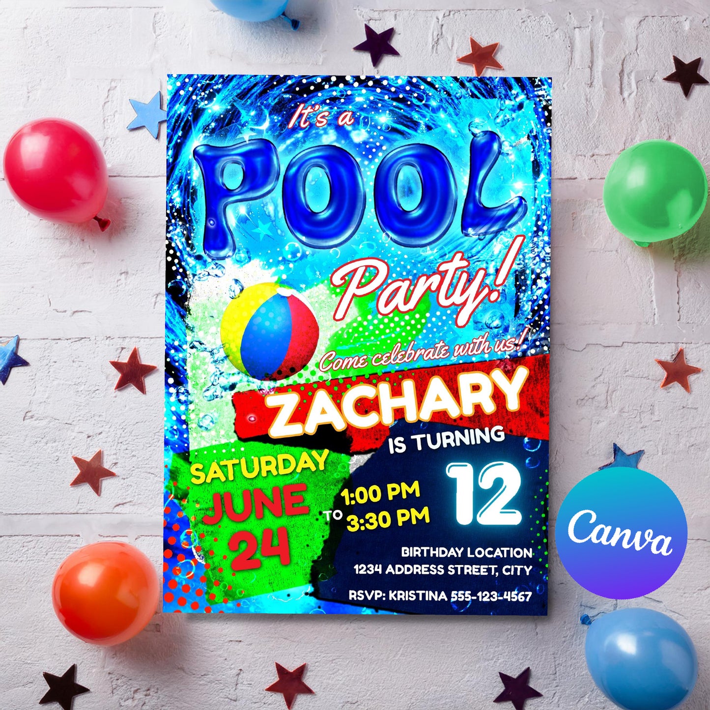 Pool party birthday invite - EASY EDIT!
