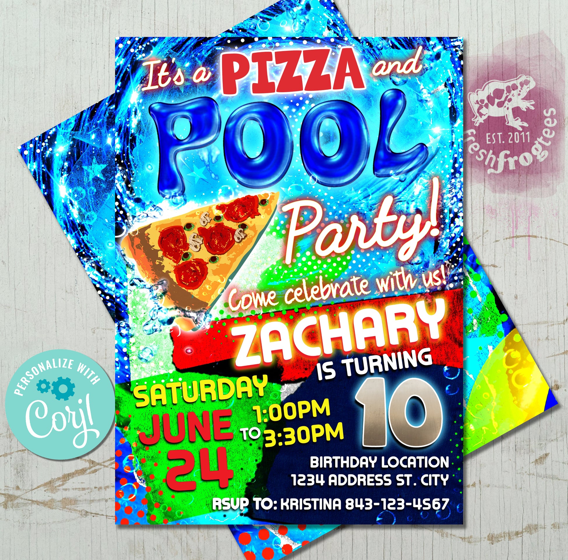 Vibrant pizza pool party birthday invitation template featuring colorful pizza slices and pool elements, perfect for summer celebrations.