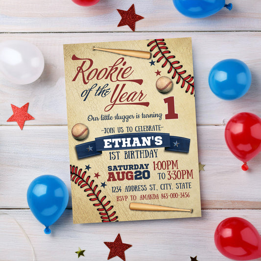 First Birthday Rookie of the Year Baseball Invitation