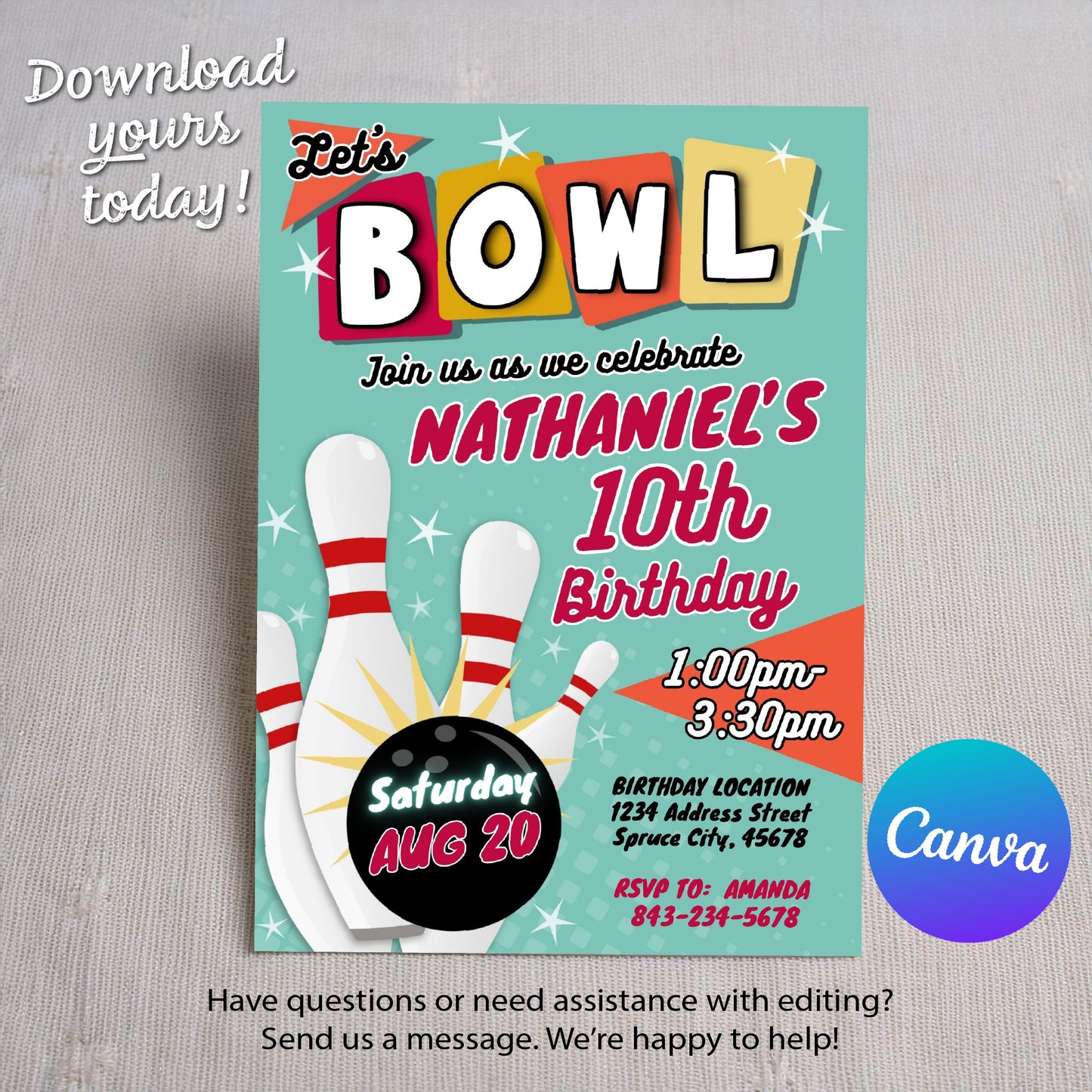Bowling Birthday Invitation Template | Retro theme