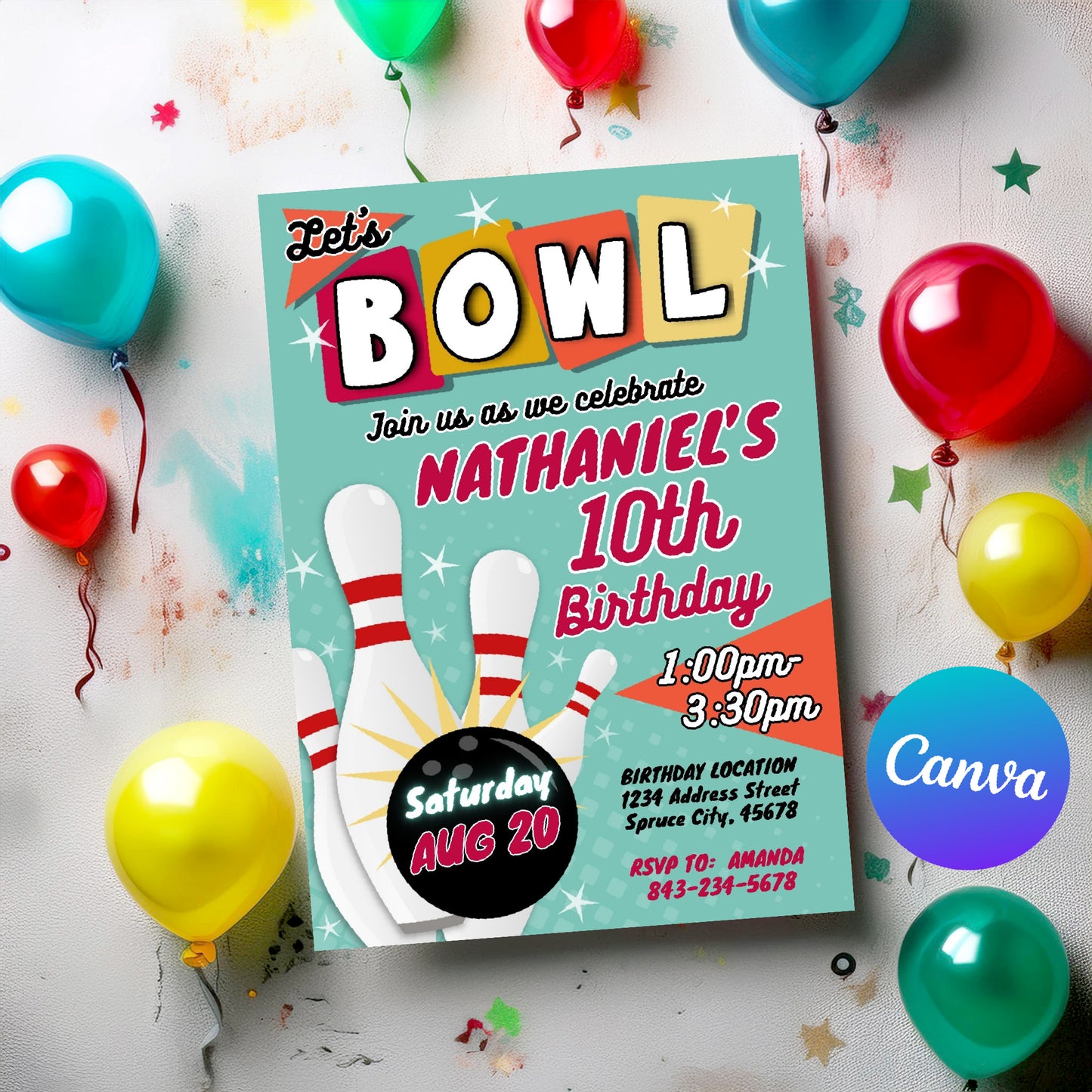 Bowling Birthday Invitation Template | Retro theme