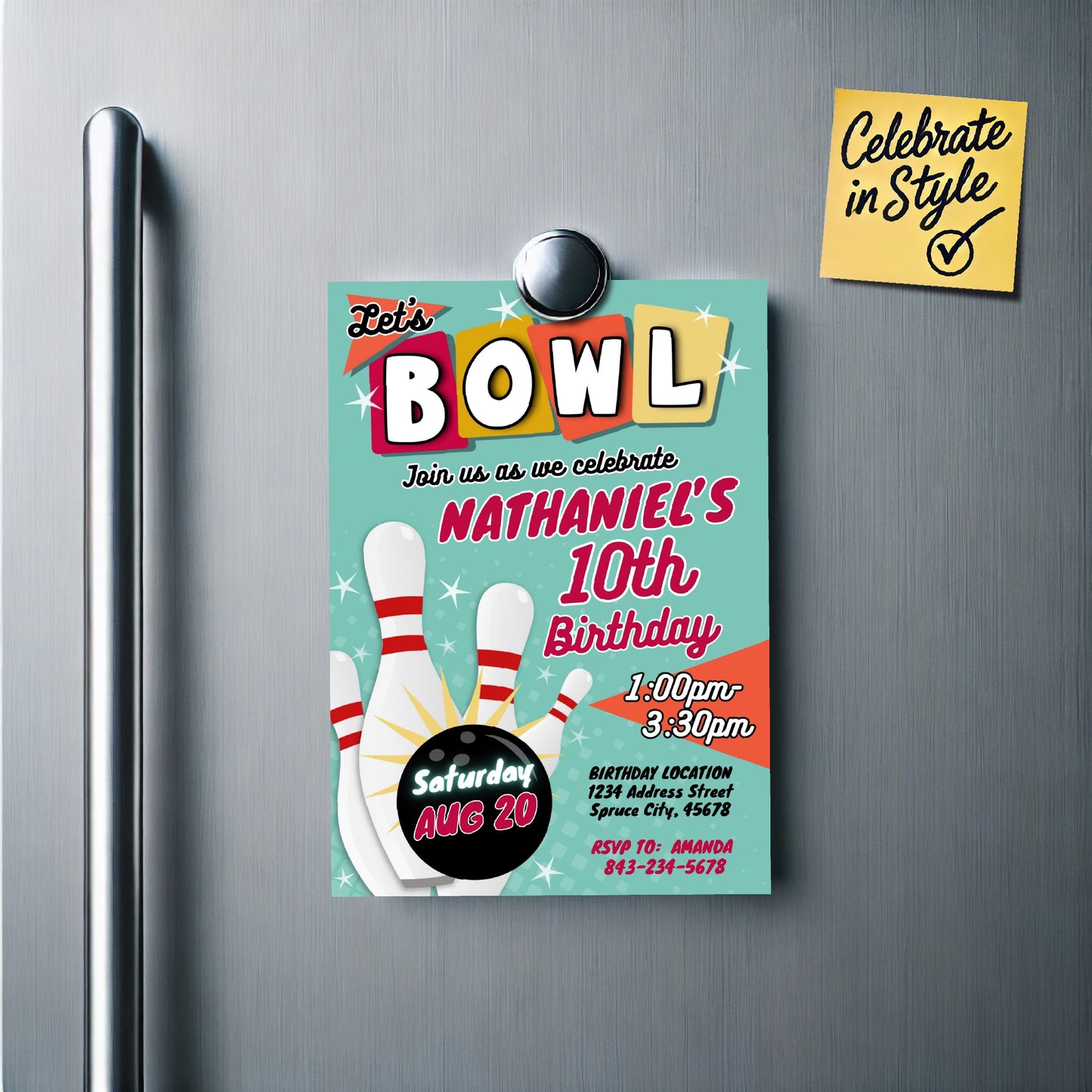 Bowling Birthday Invitation Template | Retro theme