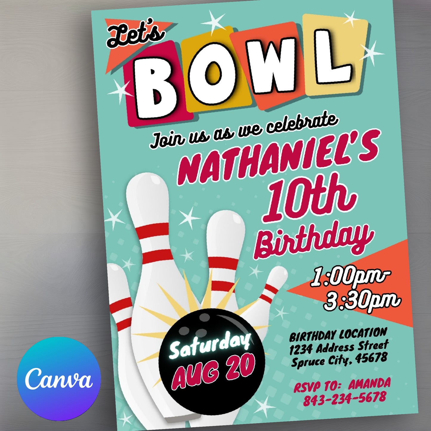 Bowling Birthday Invitation Template | Retro theme