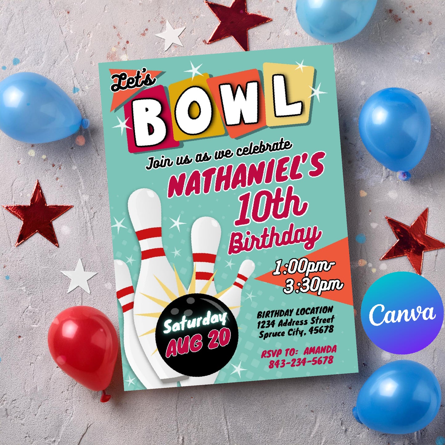 Bowling Birthday Invitation Template | Retro theme