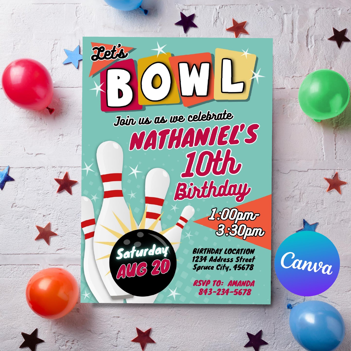 Bowling Birthday Invitation Template | Retro theme