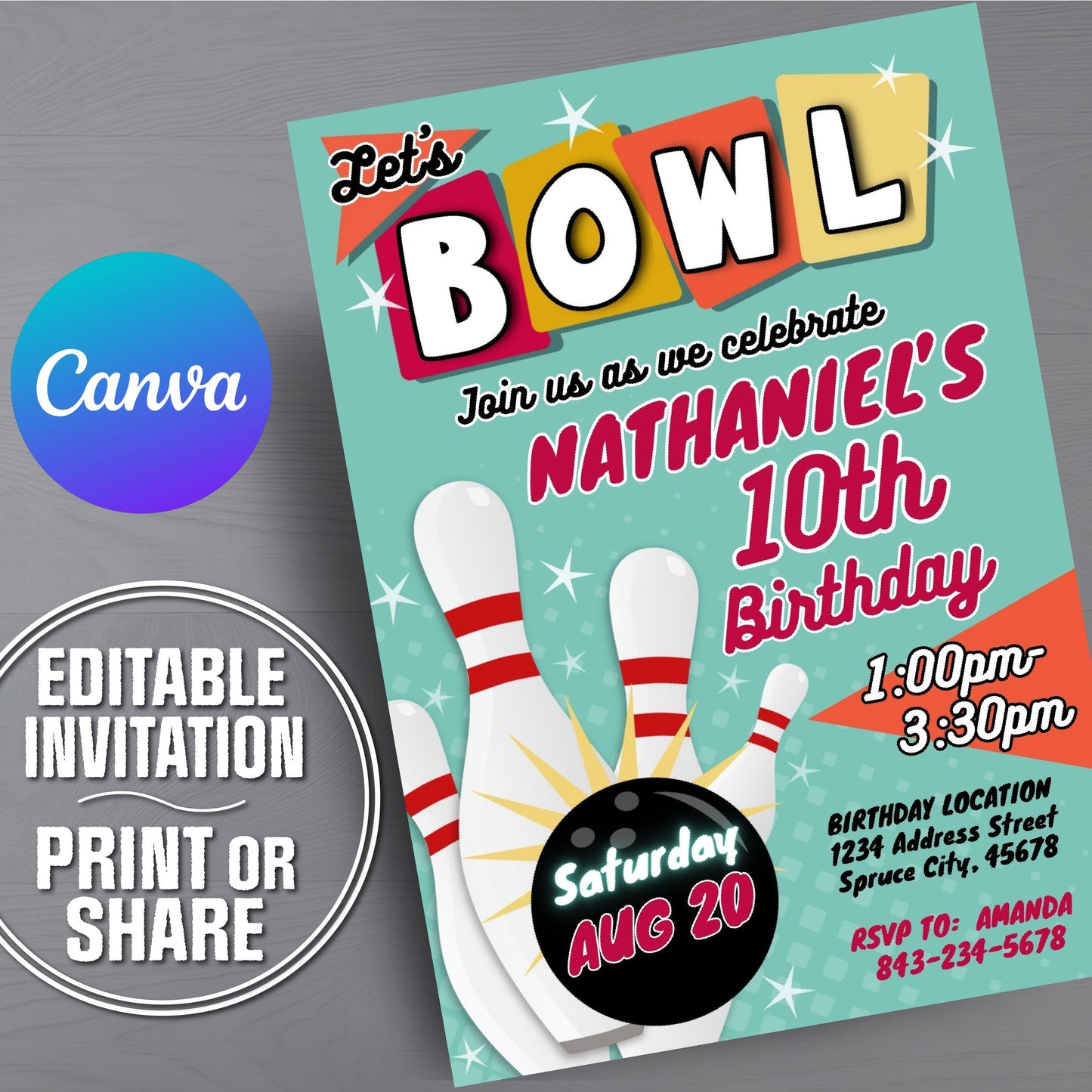 Retro bowling birthday invitation with turquoise background color with the word BOWL displayed at top in retro fashion.