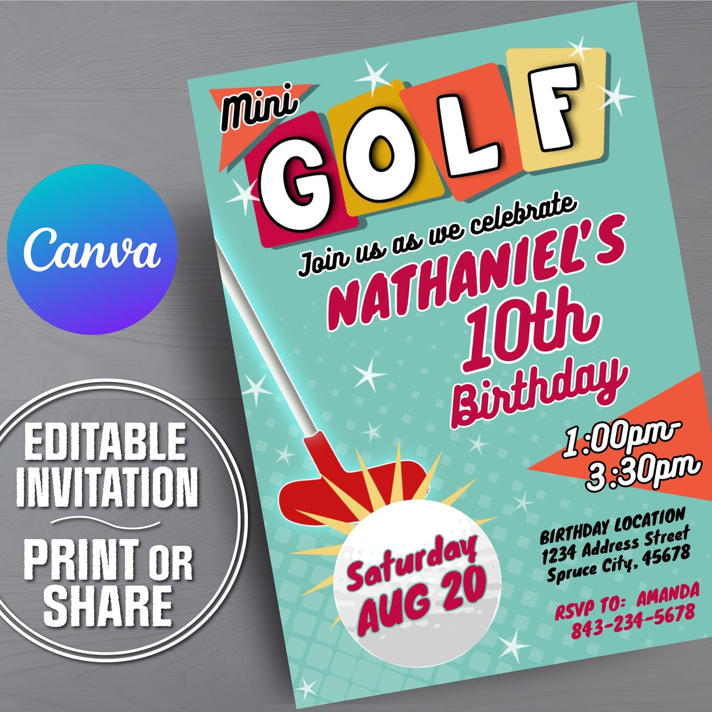 A golf-themed birthday invitation card shown at an angle on a gray textured background, with two circular callouts reading 'Canva' and 'Editable Invitation Print or Share'. The invitation features a turquoise background, bold multicolor 'GOLF' lettering, a red golf club graphic, and event details for Nathaniel's 10th birthday.