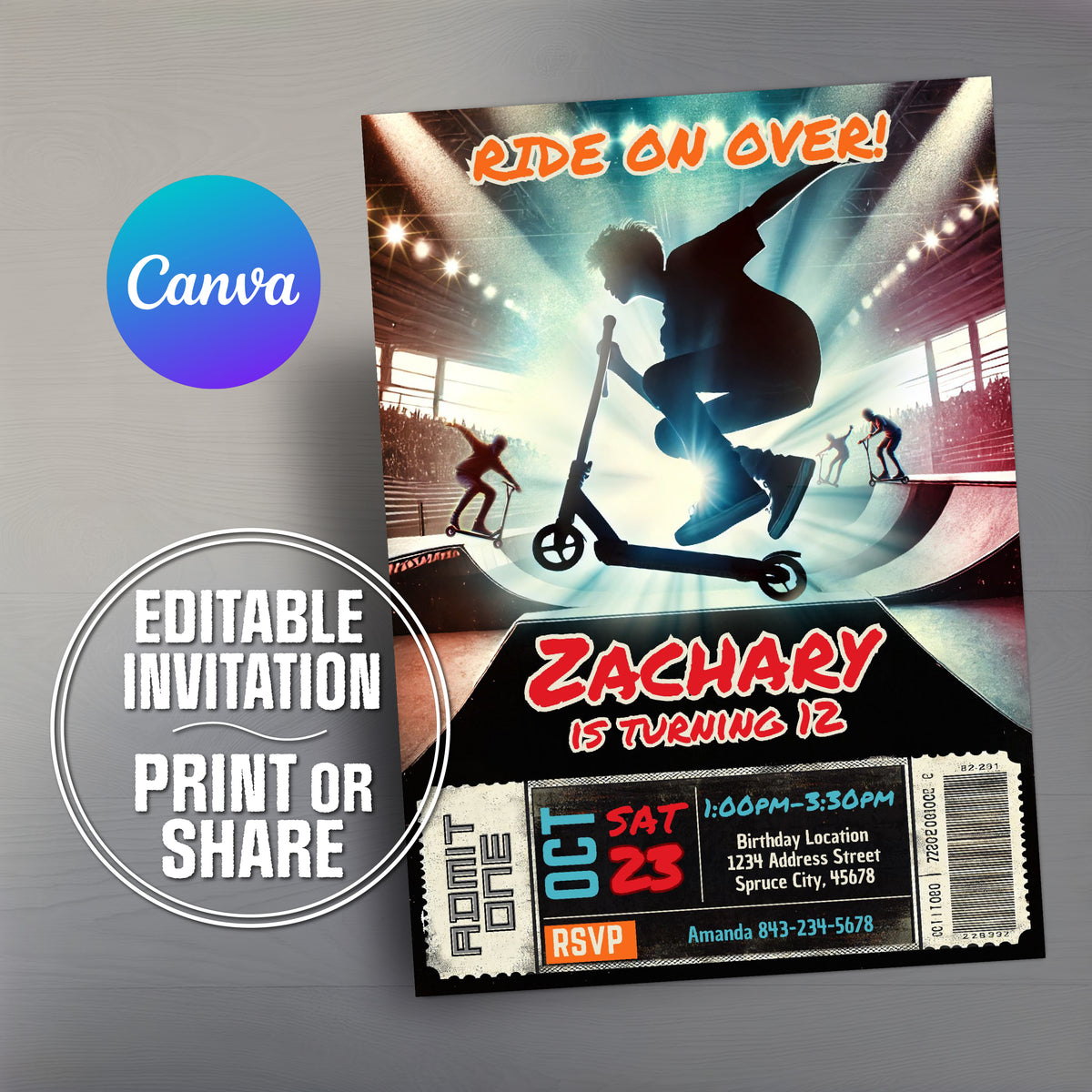 Boys scooter birthday invitation featuring a ticket style invite.