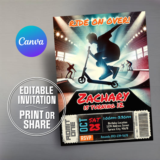 Boys scooter birthday invitation featuring a ticket style invite.