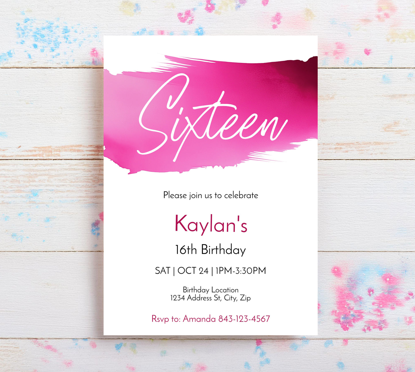 Sweet 16 Birthday Invitation | Bright Pink Watercolor Theme