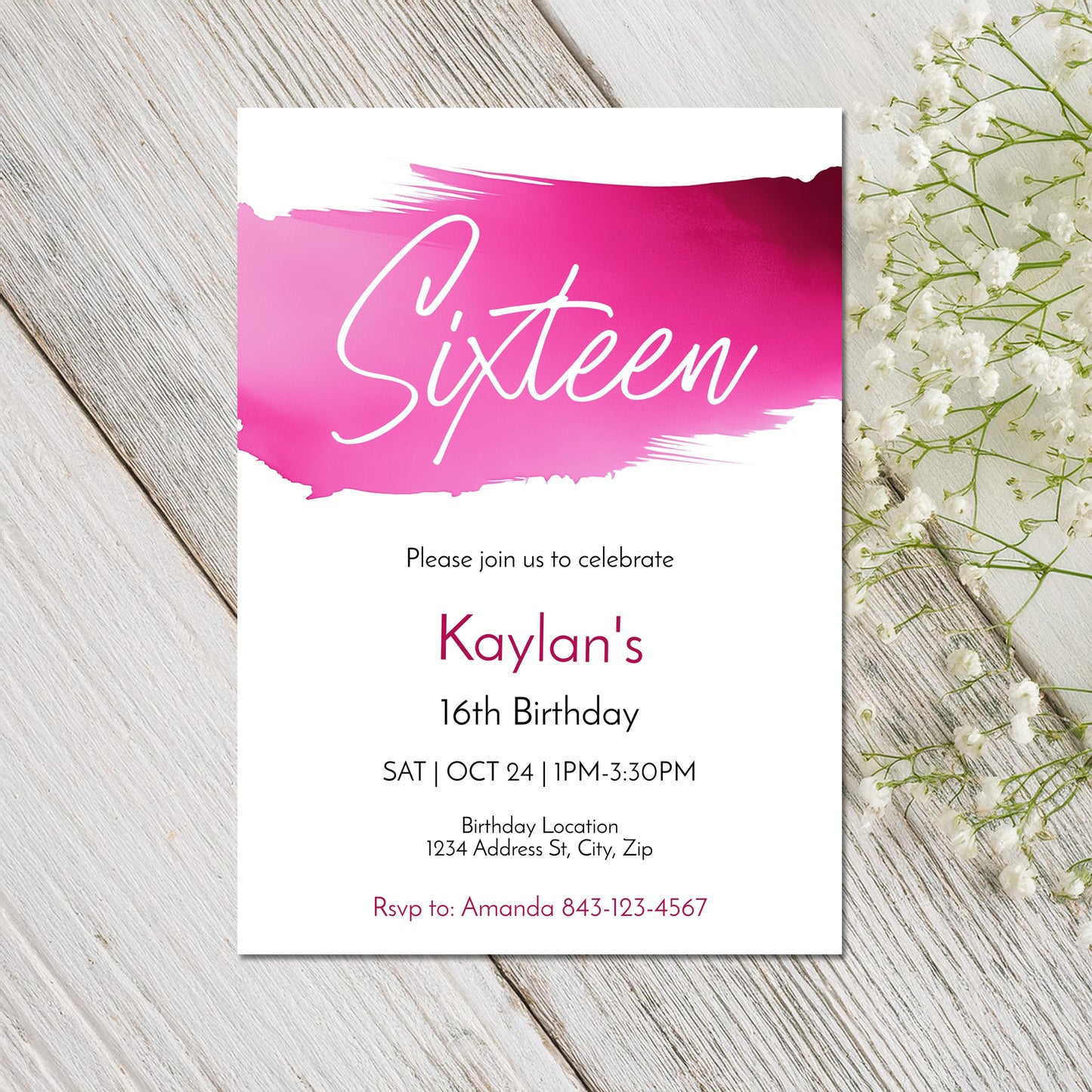 Sweet 16 Birthday Invitation | Bright Pink Watercolor Theme