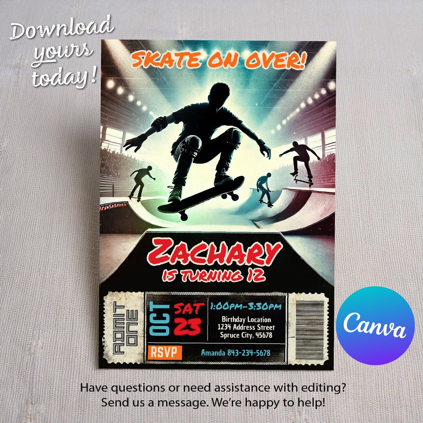 Skateboard birthday invite editable digital invite | Edit in CANVA