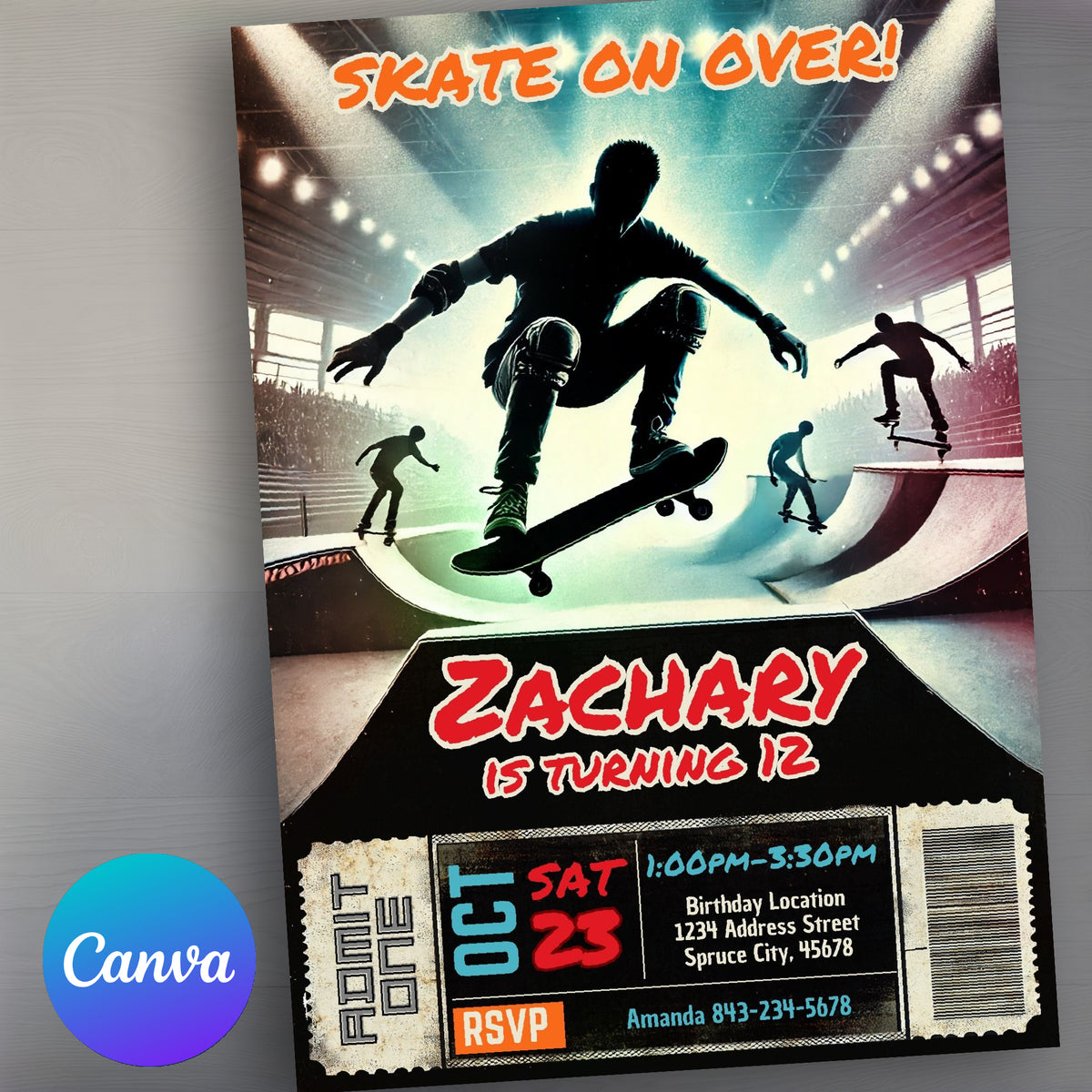 Skateboard birthday invite editable digital invite | Edit in CANVA