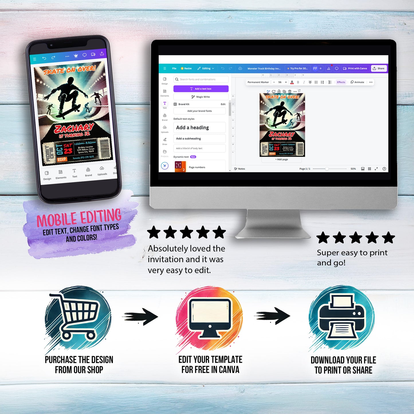 Skateboard birthday invite editable digital invite | Edit in CANVA
