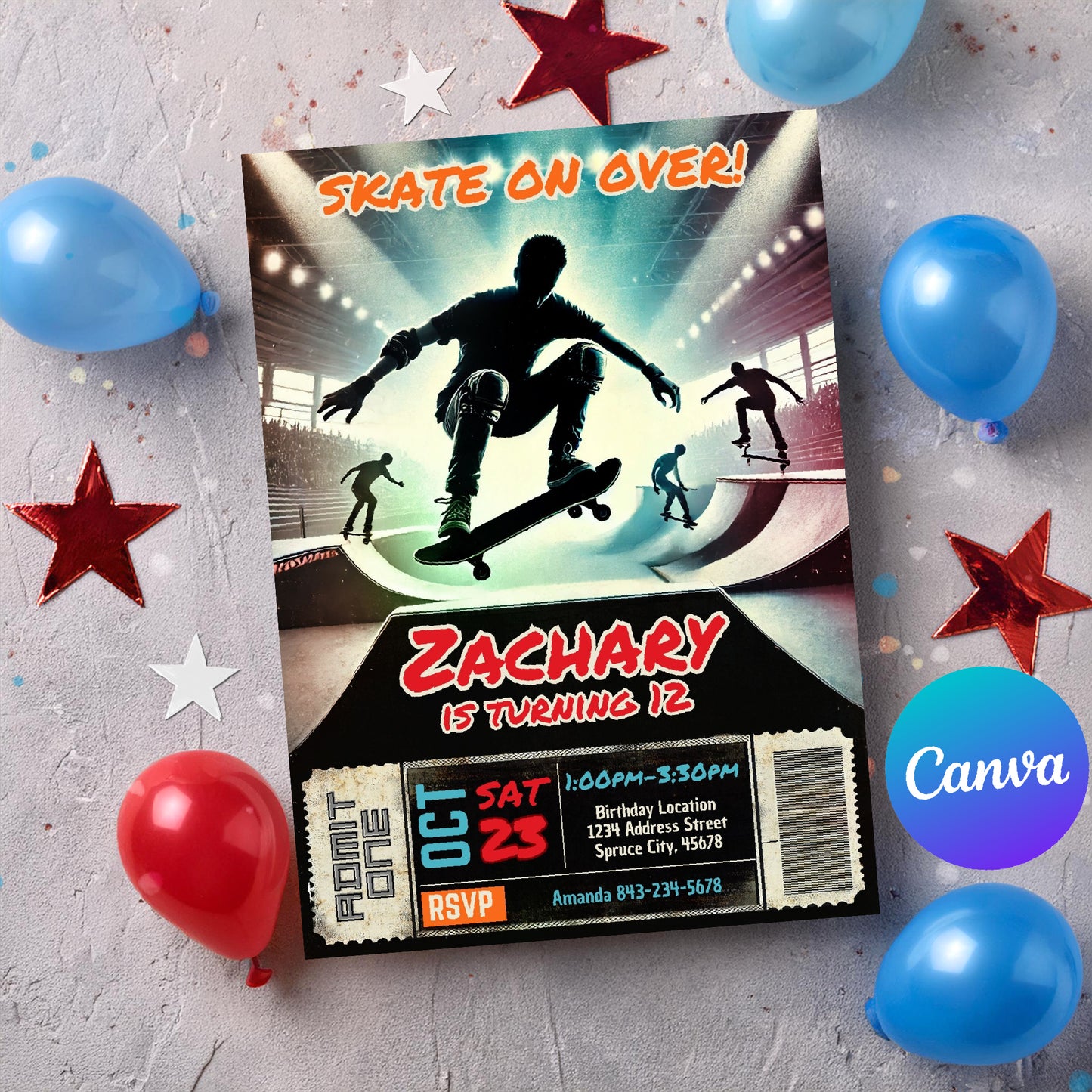 Skateboard birthday invite editable digital invite | Edit in CANVA