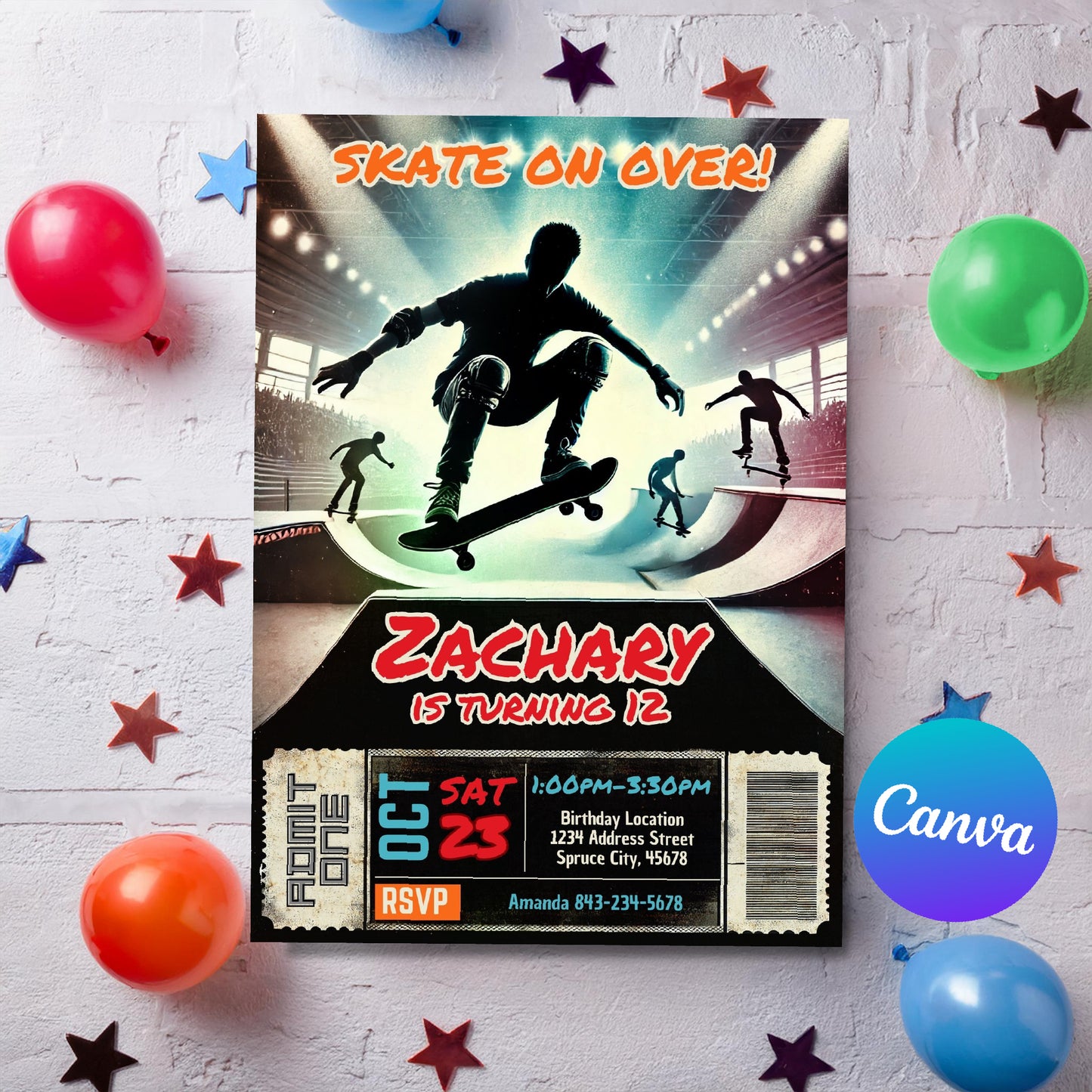 Skateboard birthday invite editable digital invite | Edit in CANVA